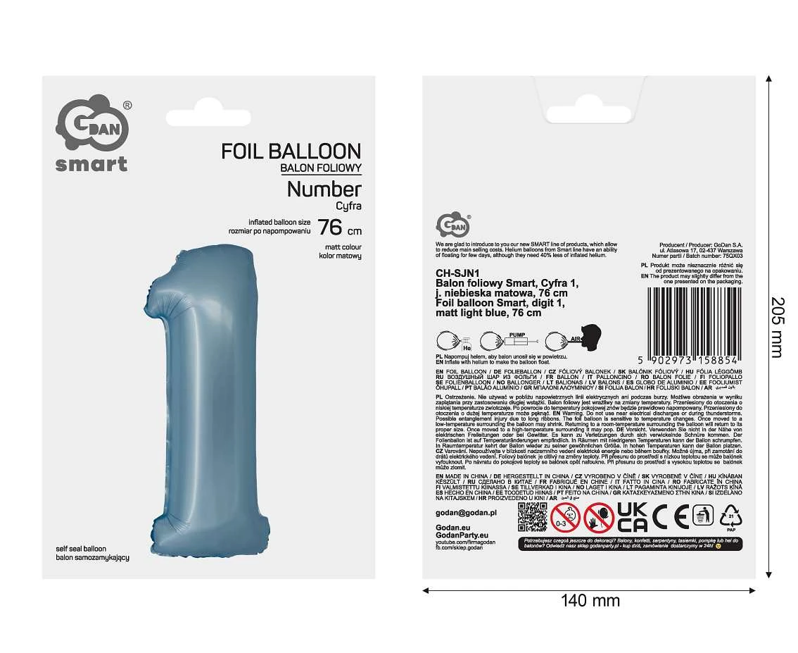 Balon foliowy Smart, Cyfra 1, j. niebieska matowa, 76 cm KK