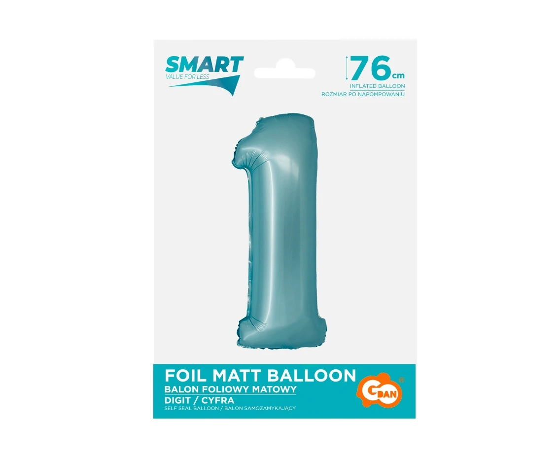 Balon foliowy Smart, Cyfra 1, j. niebieska matowa, 76 cm KK