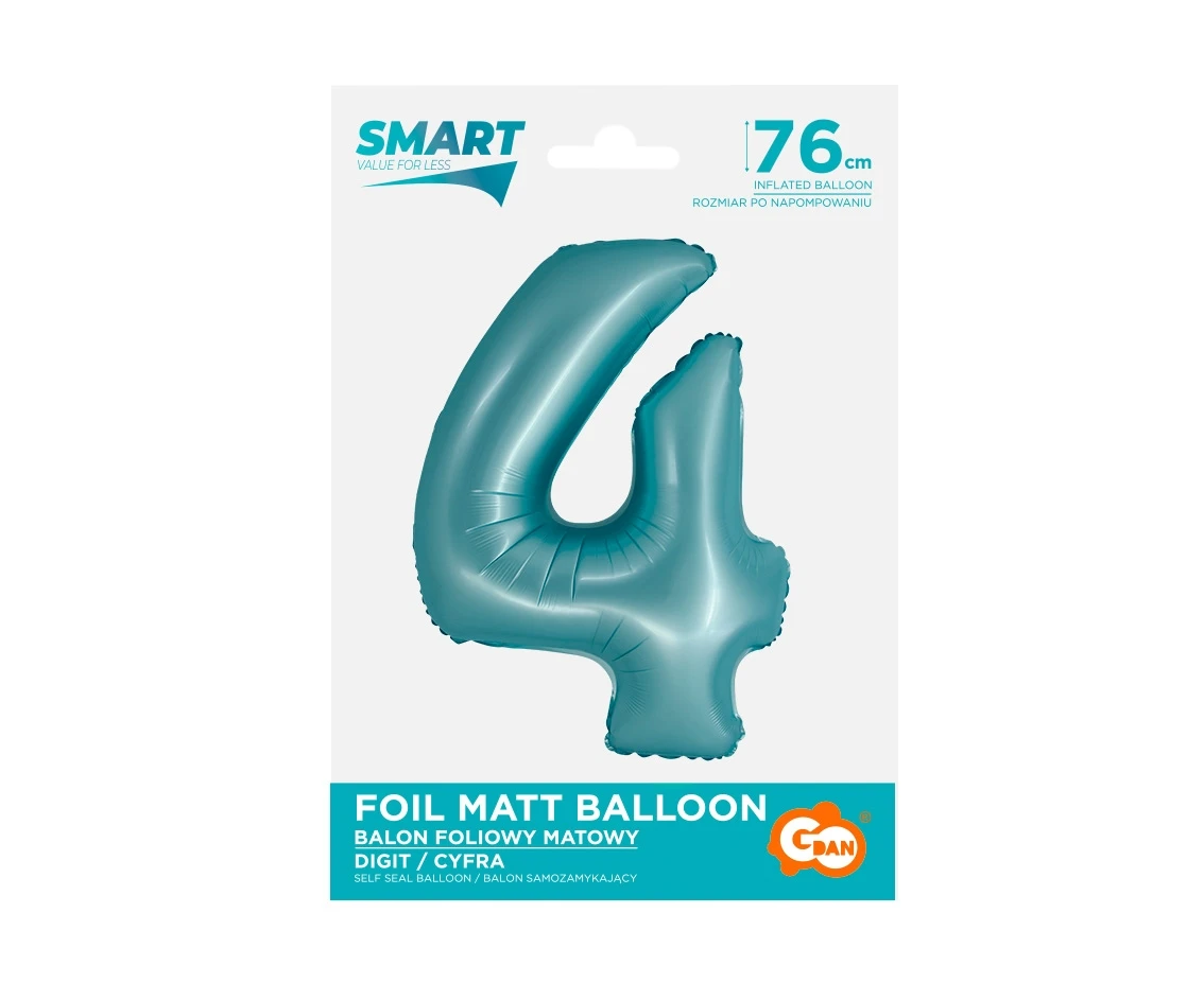 Balon foliowy Smart, Cyfra 4, j. niebieska matowa, 76 cm KK