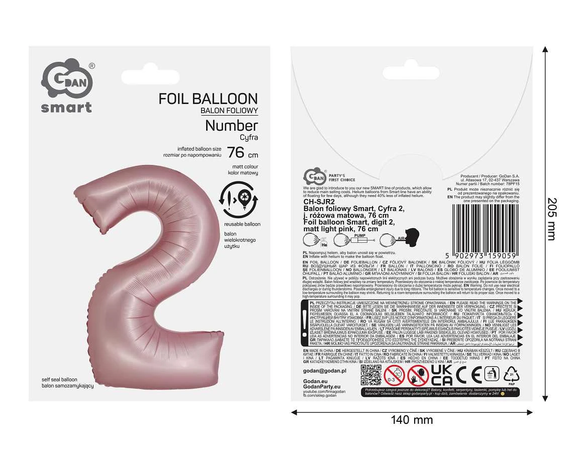 Balon foliowy Smart, Cyfra 2, j. różowa matowa, 76 cm