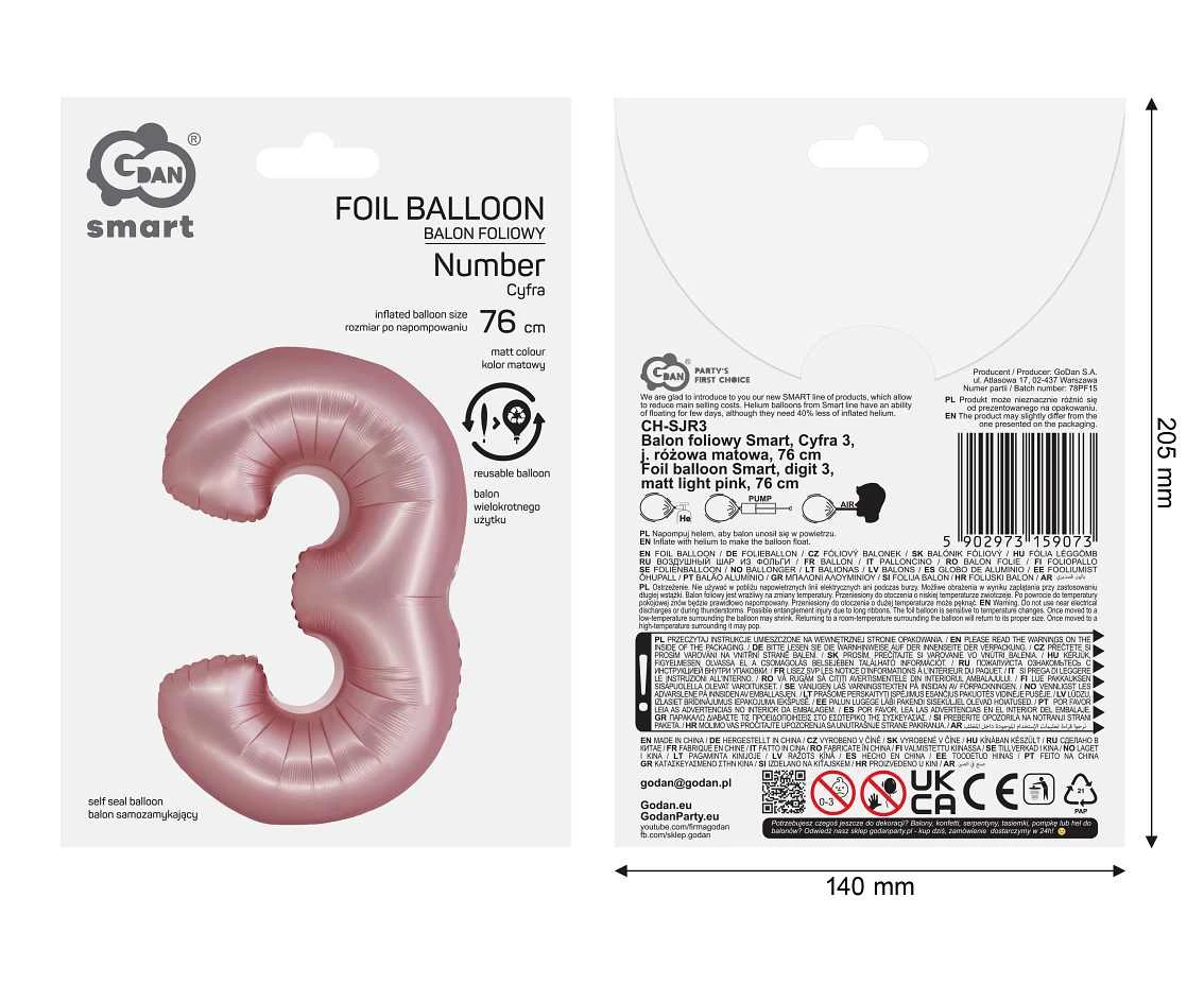 Balon foliowy Smart, Cyfra 3, j. różowa matowa, 76 cm