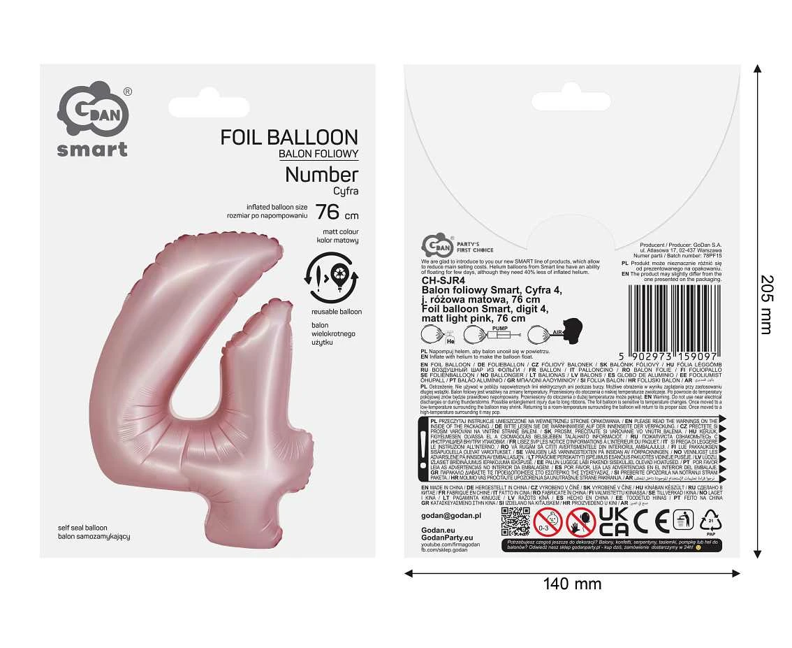 Balon foliowy Smart, Cyfra 4, j. różowa matowa, 76 cm
