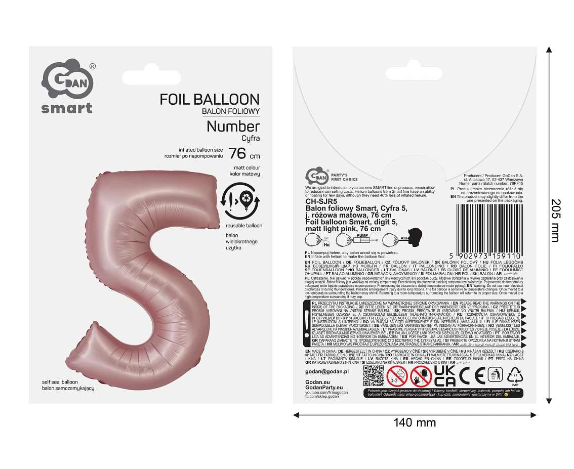 Balon foliowy Smart, Cyfra 5, j. różowa matowa, 76 cm