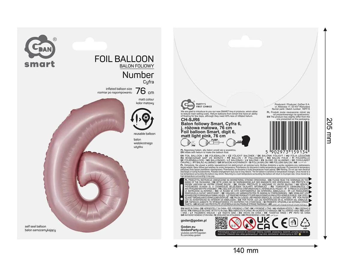 Balon foliowy Smart, Cyfra 6, j. różowa matowa, 76 cm