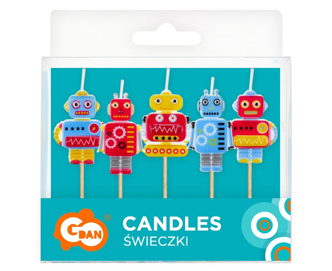 Świeczki pikery Robot, dł. całkowita 7,5 cm, 5 szt.
