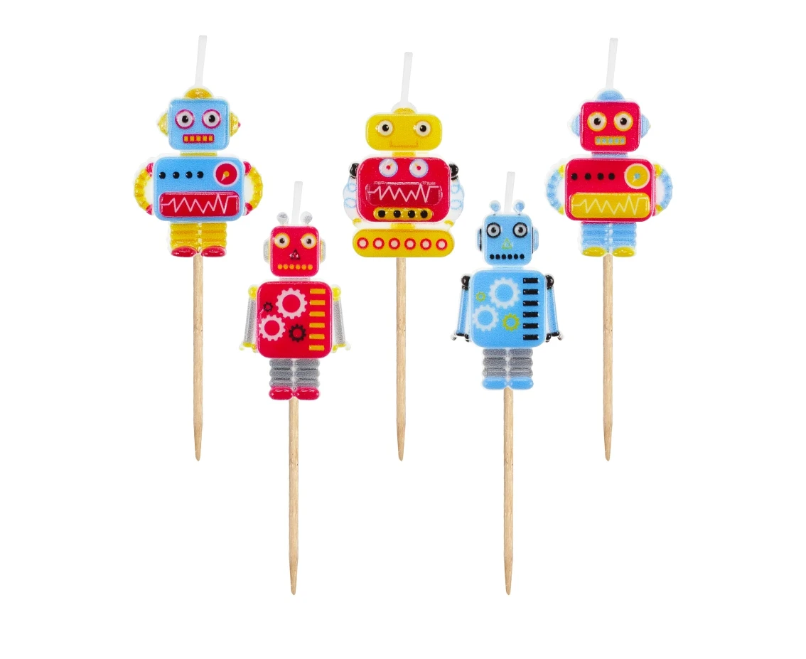 Świeczki pikery Robot, dł. całkowita 7,5 cm, 5 szt.