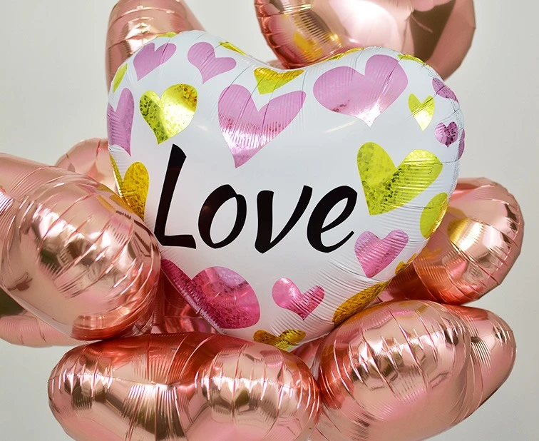 Balon Ibrex Hel, serce 25", White Love Pink & Gold Hearts, packed