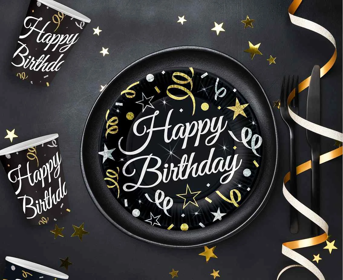 Talerzyki papierowe B&C Happy Birthday, 18 cm/ 6 szt.
