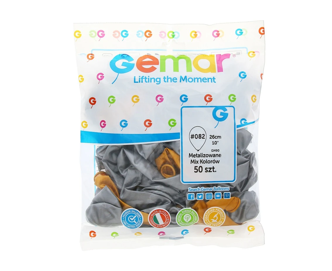 Balony Gemar 10", metalik złote i srebrne, 50szt.