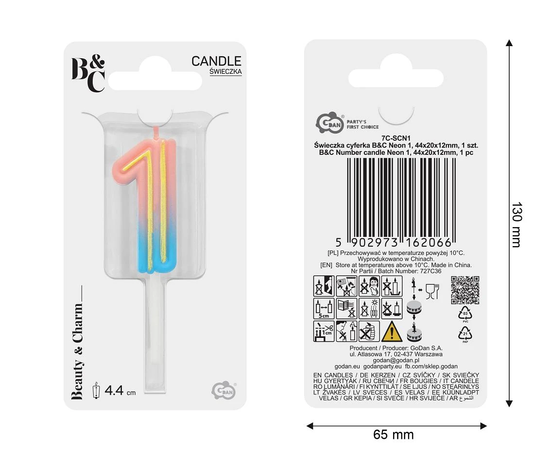 Świeczka cyferka B&C Neon 1, dł. całkowita 8 cm