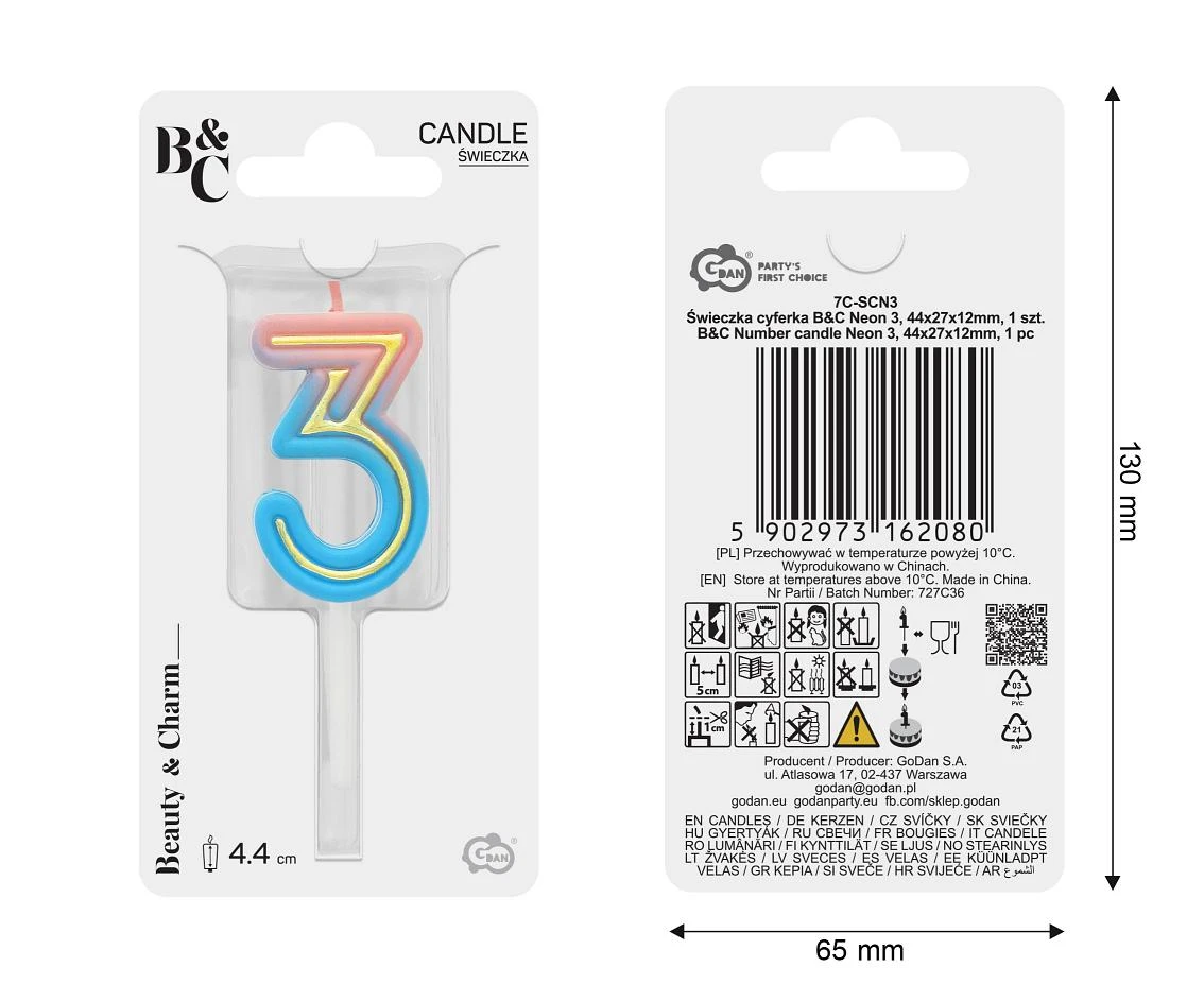 Świeczka cyferka B&C Neon 3, dł. całkowita 8 cm