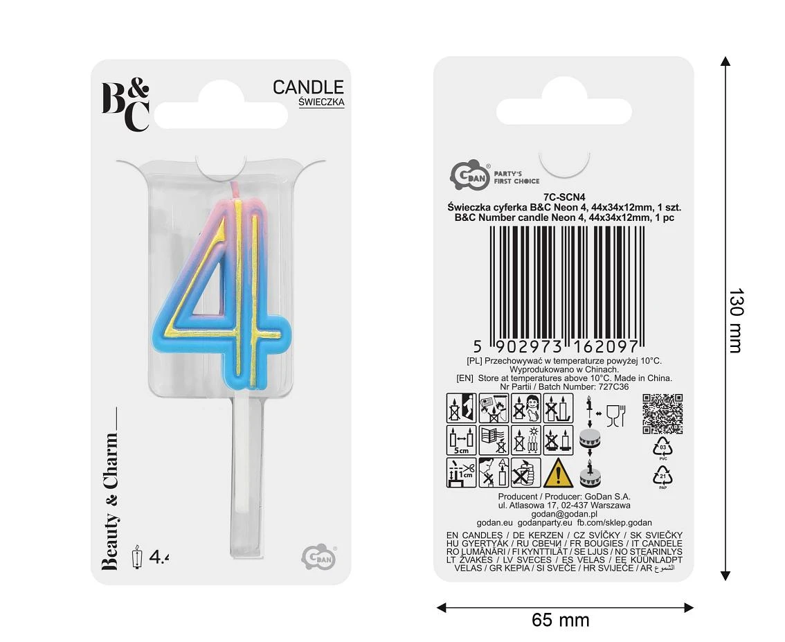 Świeczka cyferka B&C Neon 4, dł. całkowita 8 cm