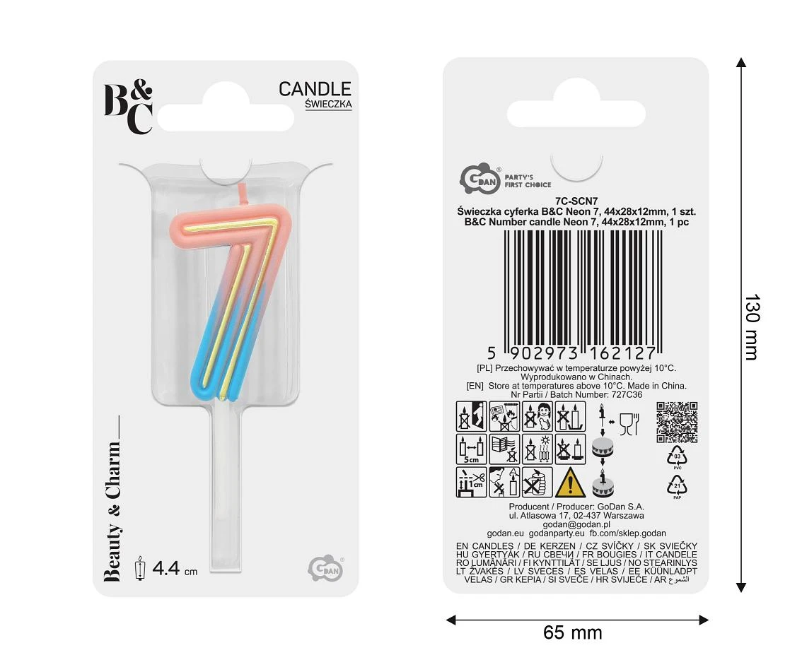 Świeczka cyferka B&C Neon 7, dł. całkowita 8 cm