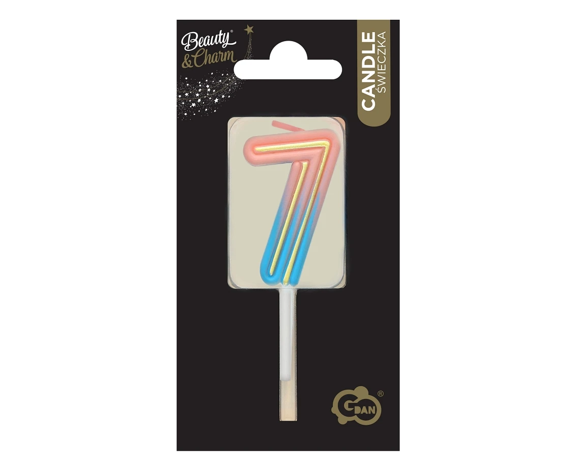 Świeczka cyferka B&C Neon 7, dł. całkowita 8 cm
