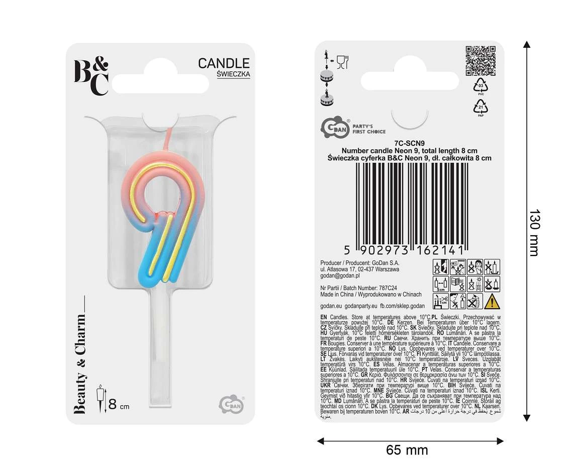 Świeczka cyferka B&C Neon 9, dł. całkowita 8 cm