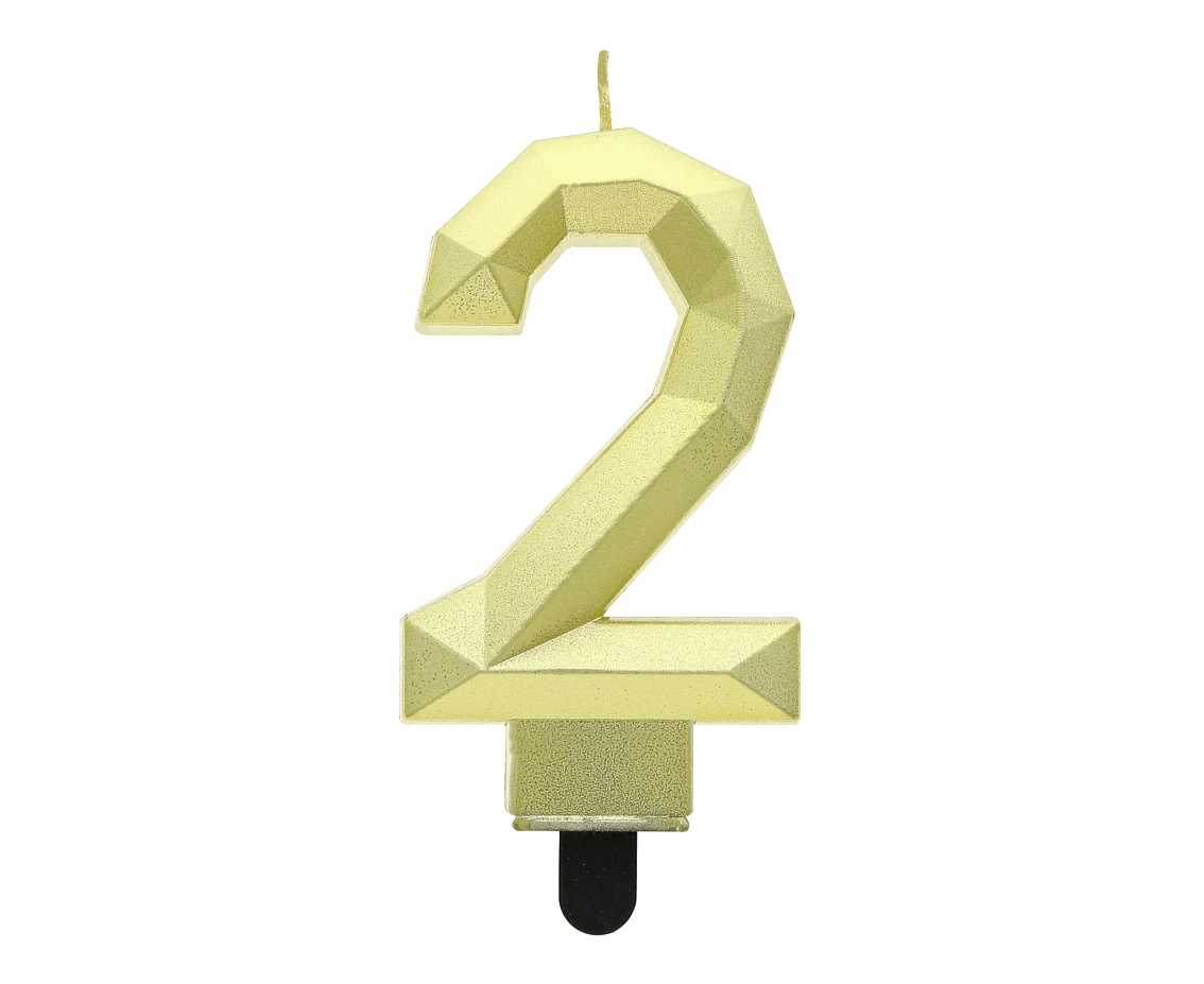Świeczka cyferka 2 - Diament, metalik złoty, 7.6 cm