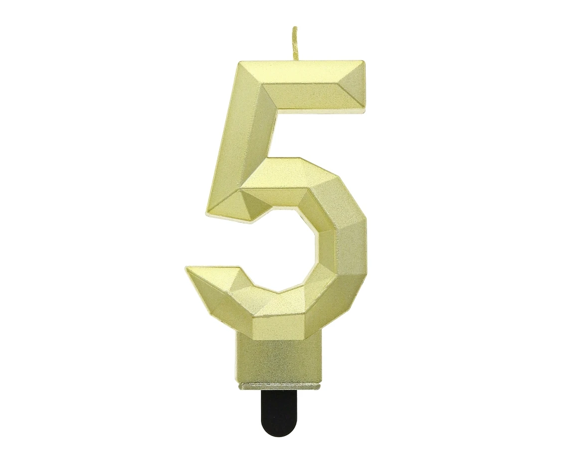 Świeczka cyferka 5 - Diament, metalik złoty, 7.6 cm