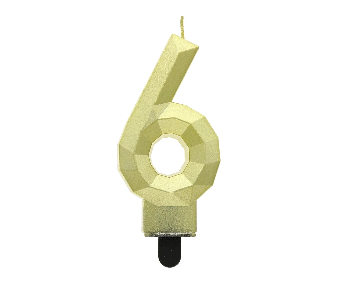 Świeczka cyferka 6 - Diament, metalik złoty, 7.6 cm