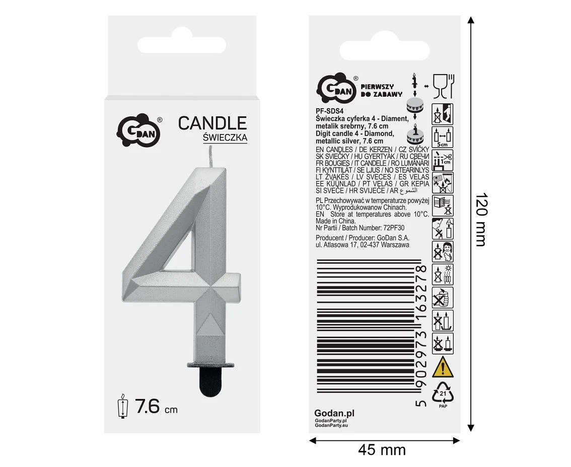 Świeczka cyferka 4 - Diament, metalik srebrny, 7.6 cm
