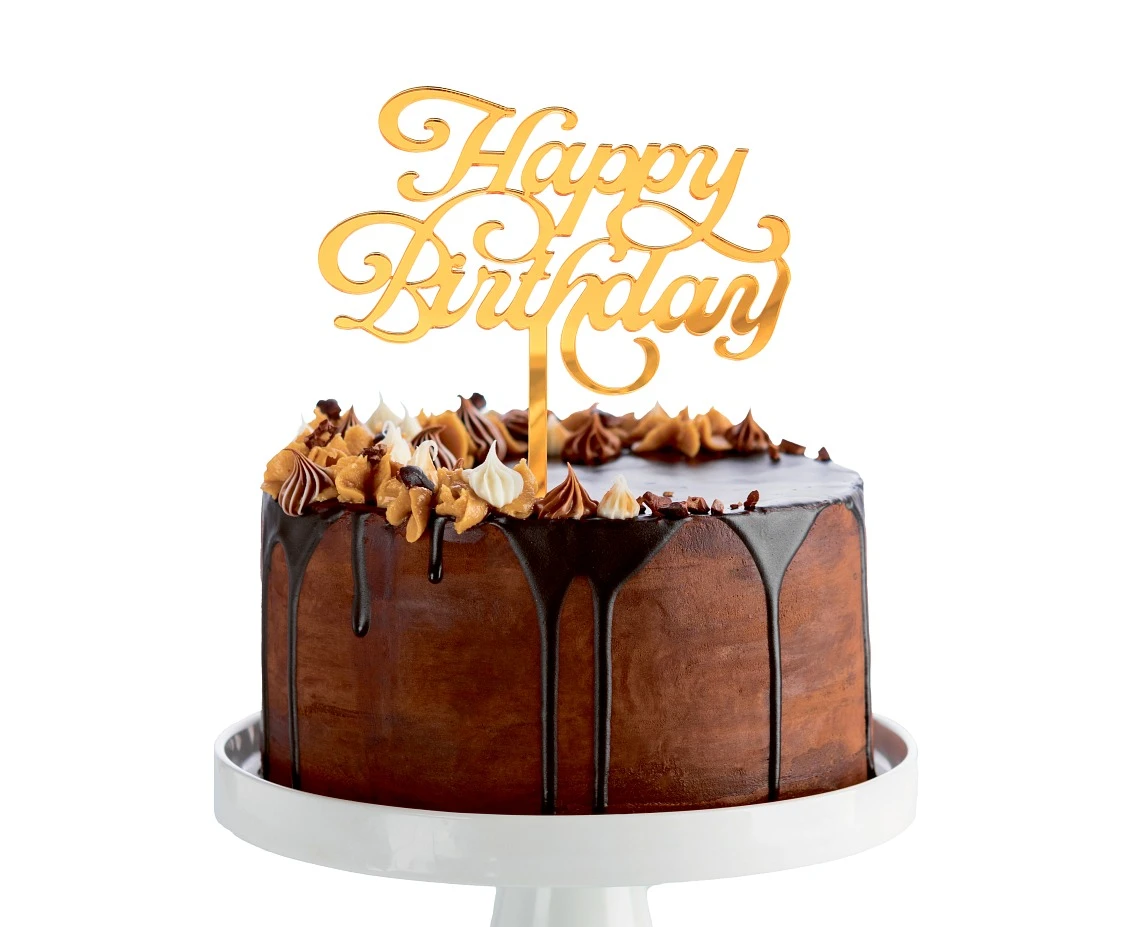 Dekoracja akrylowa B&C na tort Happy Birthday, złota, 11x15 cm
