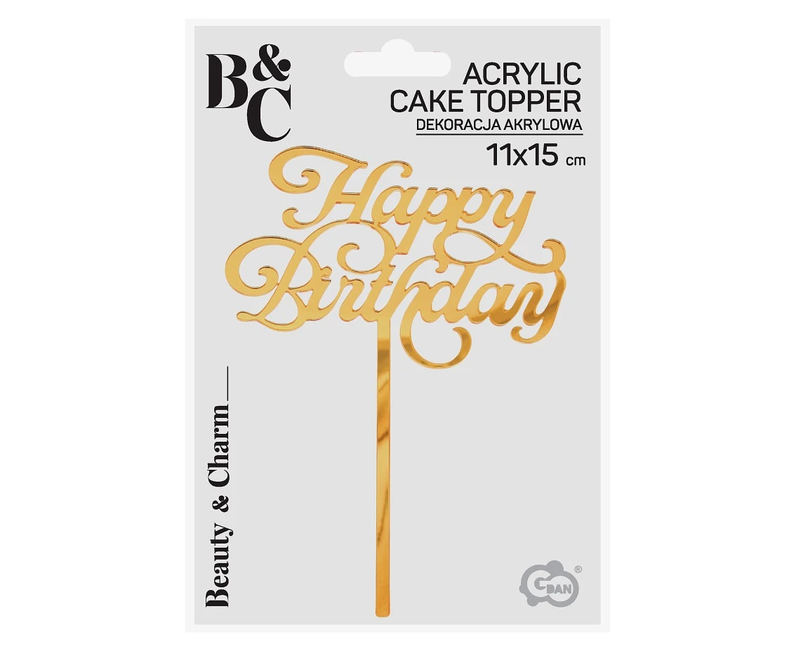 Dekoracja akrylowa B&C na tort Happy Birthday, złota, 11x15 cm