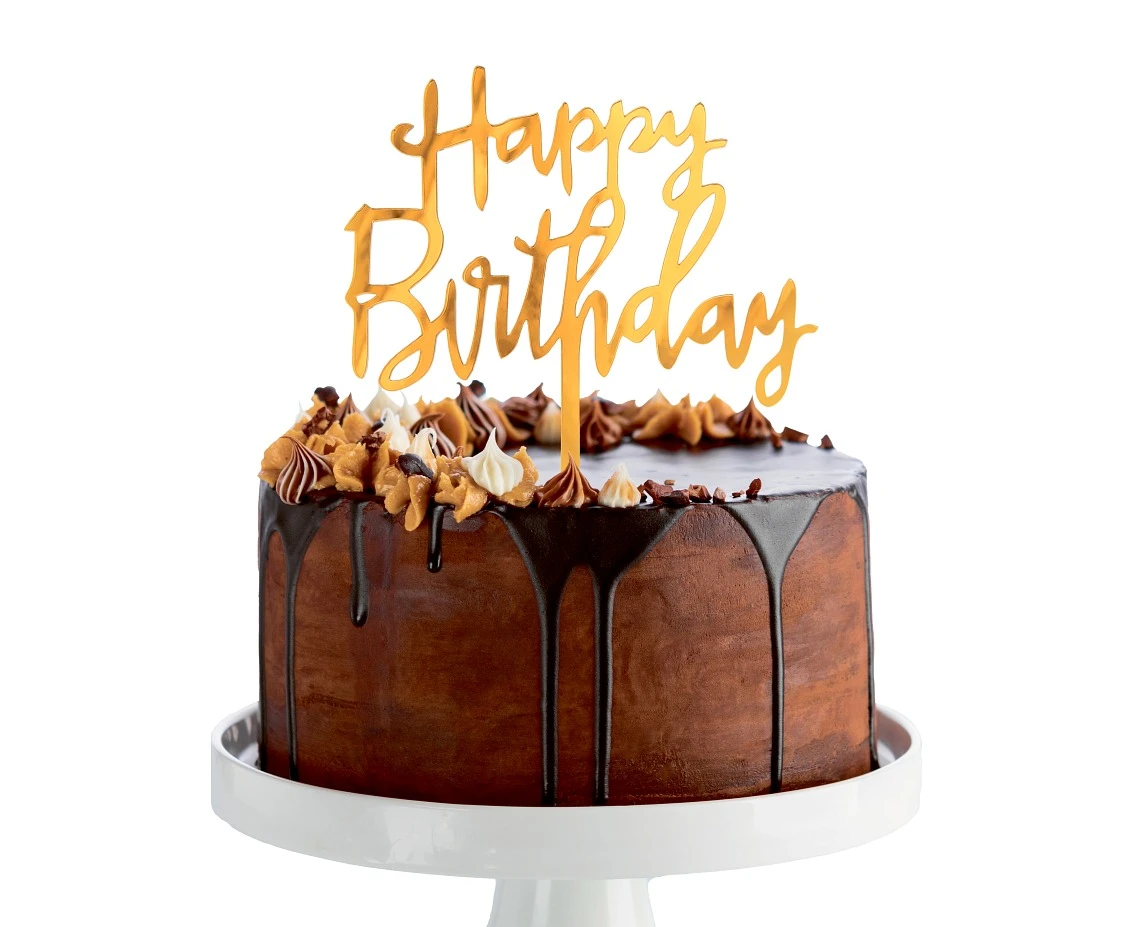 Dekoracja akrylowa B&C na tort Happy Birthday, złota, 14x10 cm