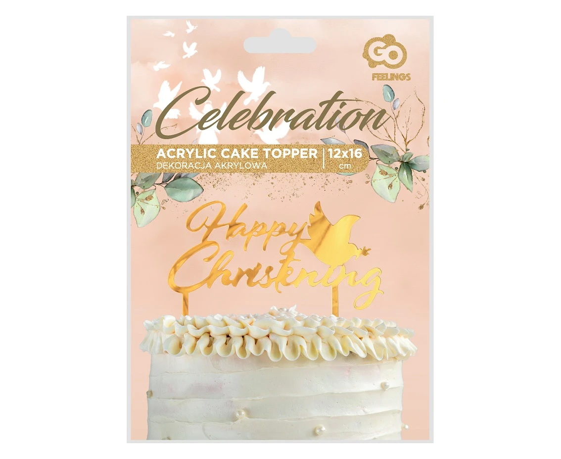 Dekoracja akrylowa na tort Happy Christening, złota, 12x19 cm
