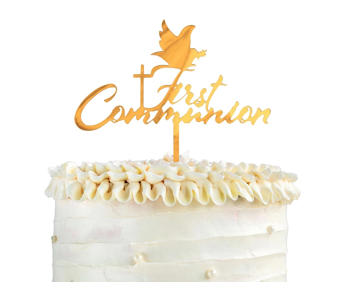 Dekoracja akrylowa na tort First Communion, złota, 13x17 cm