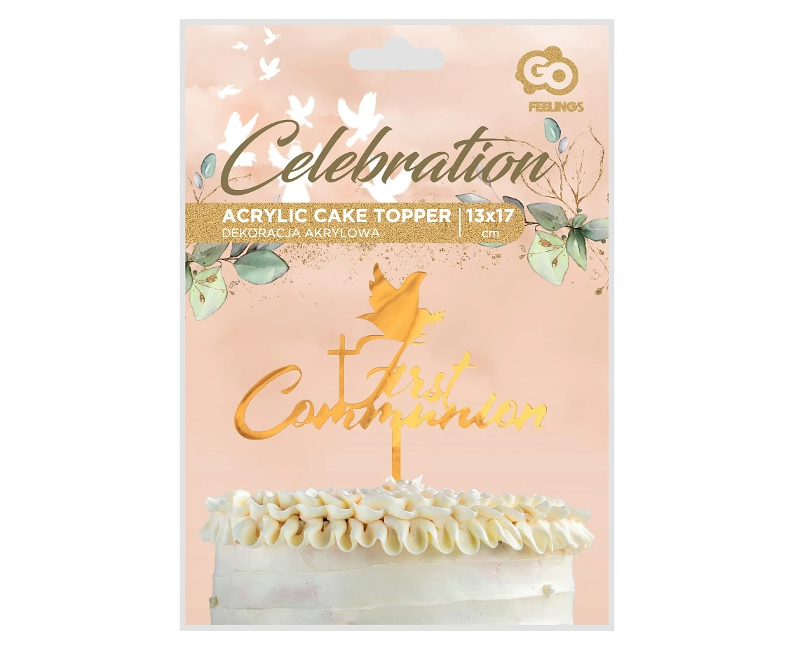 Dekoracja akrylowa na tort First Communion, złota, 13x17 cm