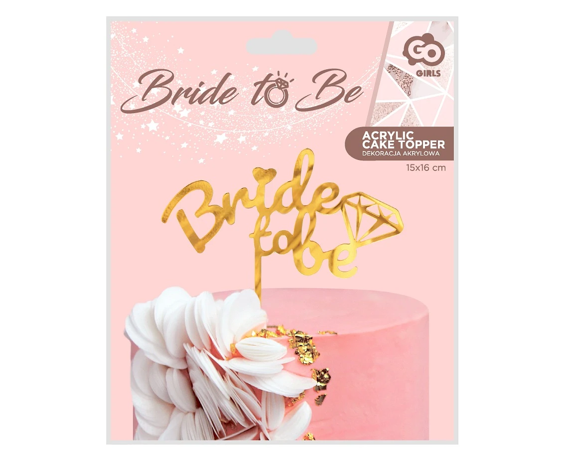 Dekoracja akrylowa na tort Bride to be, złota, 15x16 cm
