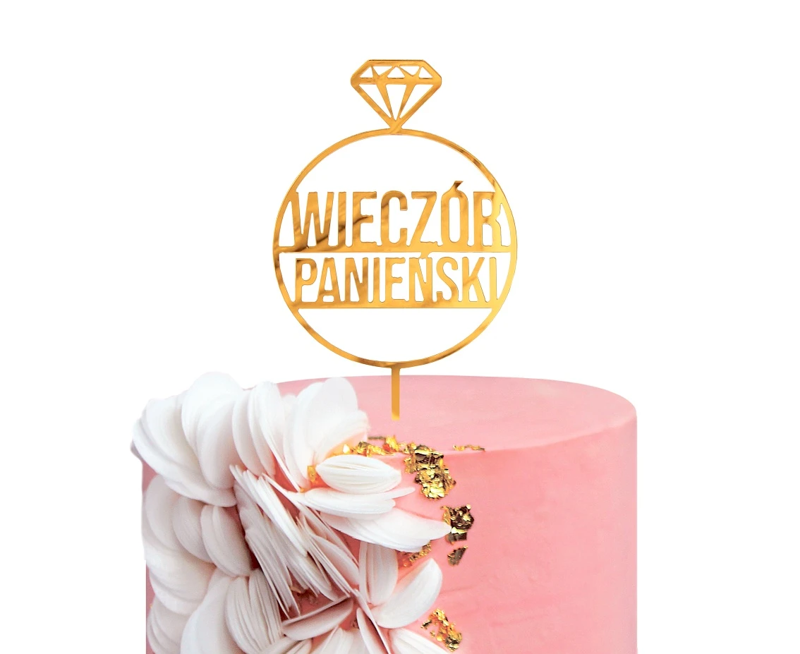 Dekoracja akrylowa na tort Wieczór Panieński, złota, 10x18 cm