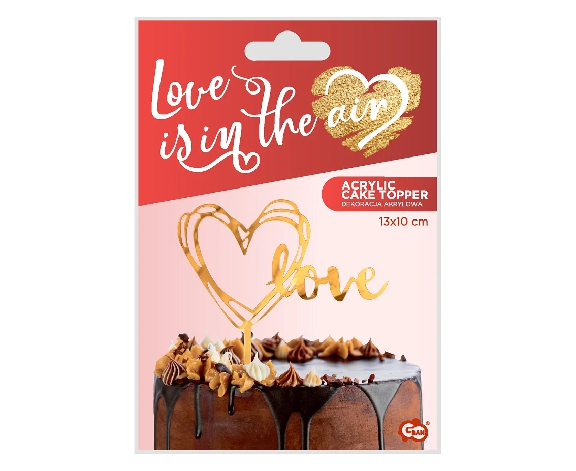 Dekoracja akrylowa na tort Love, złota, 13x10 cm