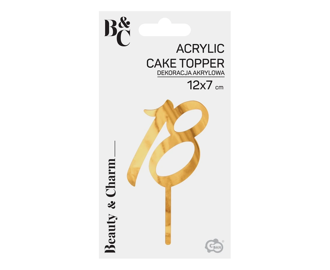 Dekoracja akrylowa B&C na tort 18, złota, 12x7 cm