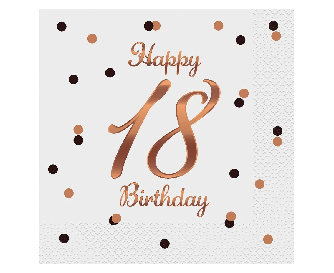 Serwetki B&C Happy 18 Birthday, białe, nadruk różowo-złoty, certyfikat FSC, 33x33 cm/ 20 szt.