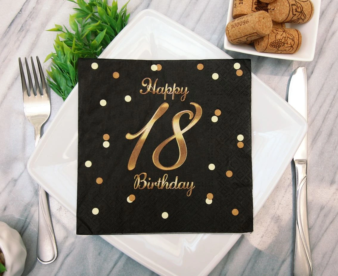 Serwetki B&C Happy 18 Birthday, czarne, nadruk złoty, certyfikat FSC, 33x33 cm/ 20 szt.