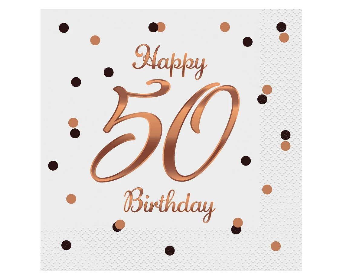 Serwetki B&C Happy 50 Birthday, białe, nadruk różowo-złoty, certyfikat FSC, 33x33 cm/ 20 szt.