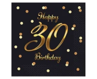 Serwetki B&C Happy 30 Birthday, czarne, nadruk złoty, certyfikat FSC, 33x33 cm/ 20 szt.