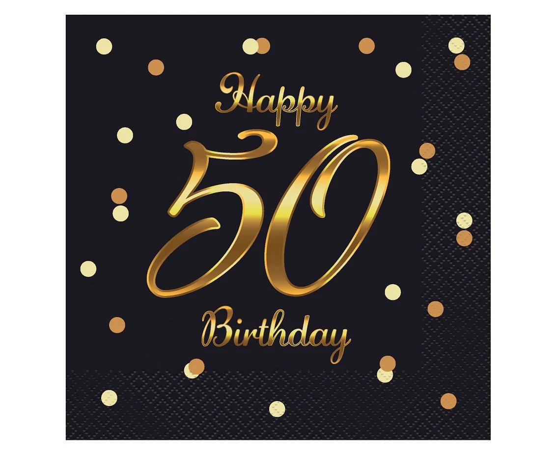 Serwetki B&C Happy 50 Birthday, czarne, nadruk złoty, certyfikat FSC, 33x33 cm/ 20 szt.