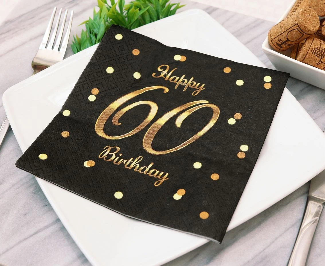 Serwetki B&C Happy 60 Birthday, czarne, nadruk złoty, certyfikat FSC, 33x33 cm/ 20 szt.