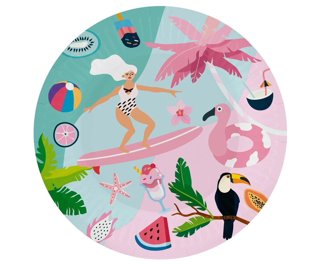 Talerzyki papierowe Kolekcja Summer - Let''s Party (surfing), 18 cm/ 6 szt. KK