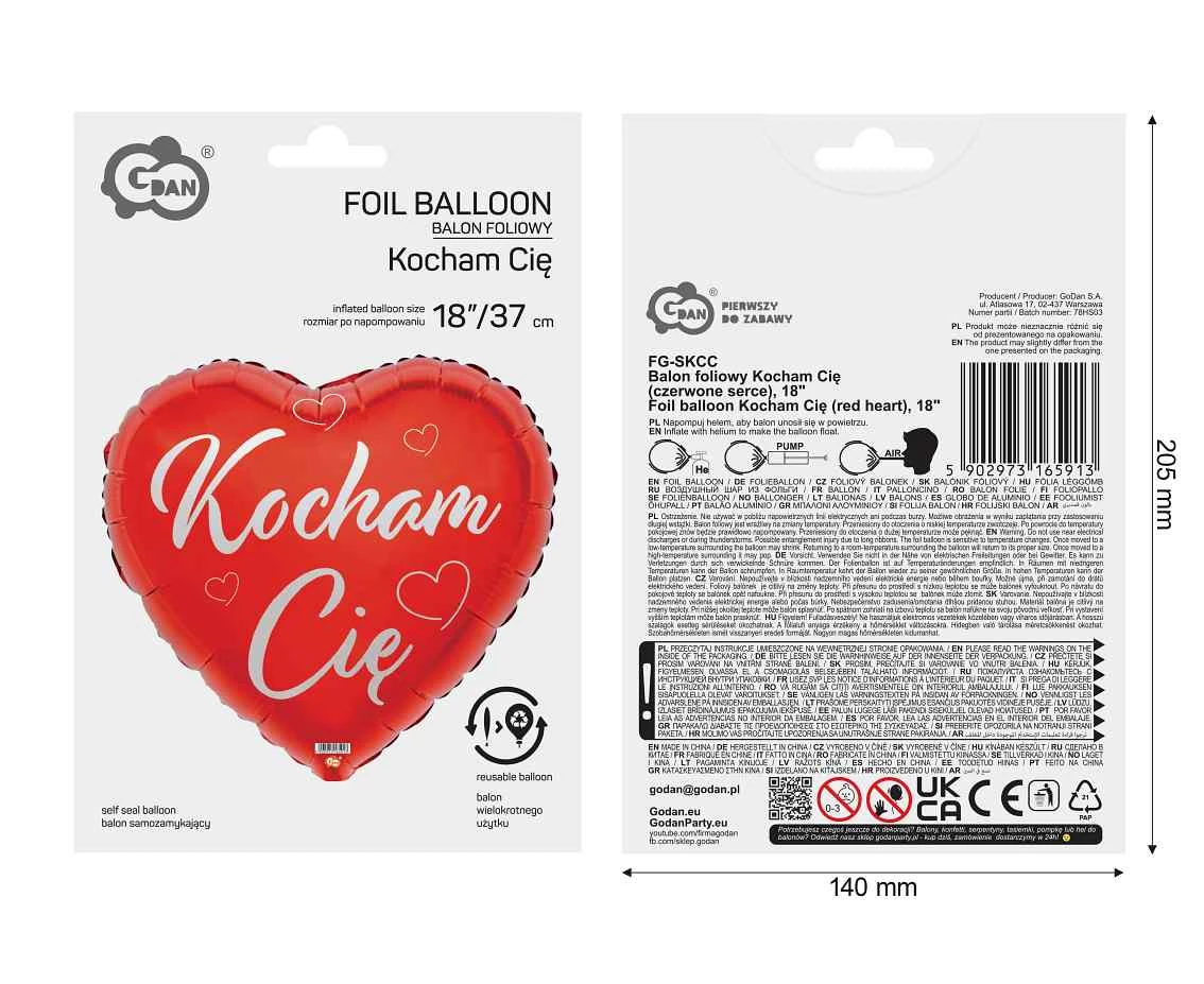 Balon foliowy Kocham Cię (czerwone serce), 18 cali AA
