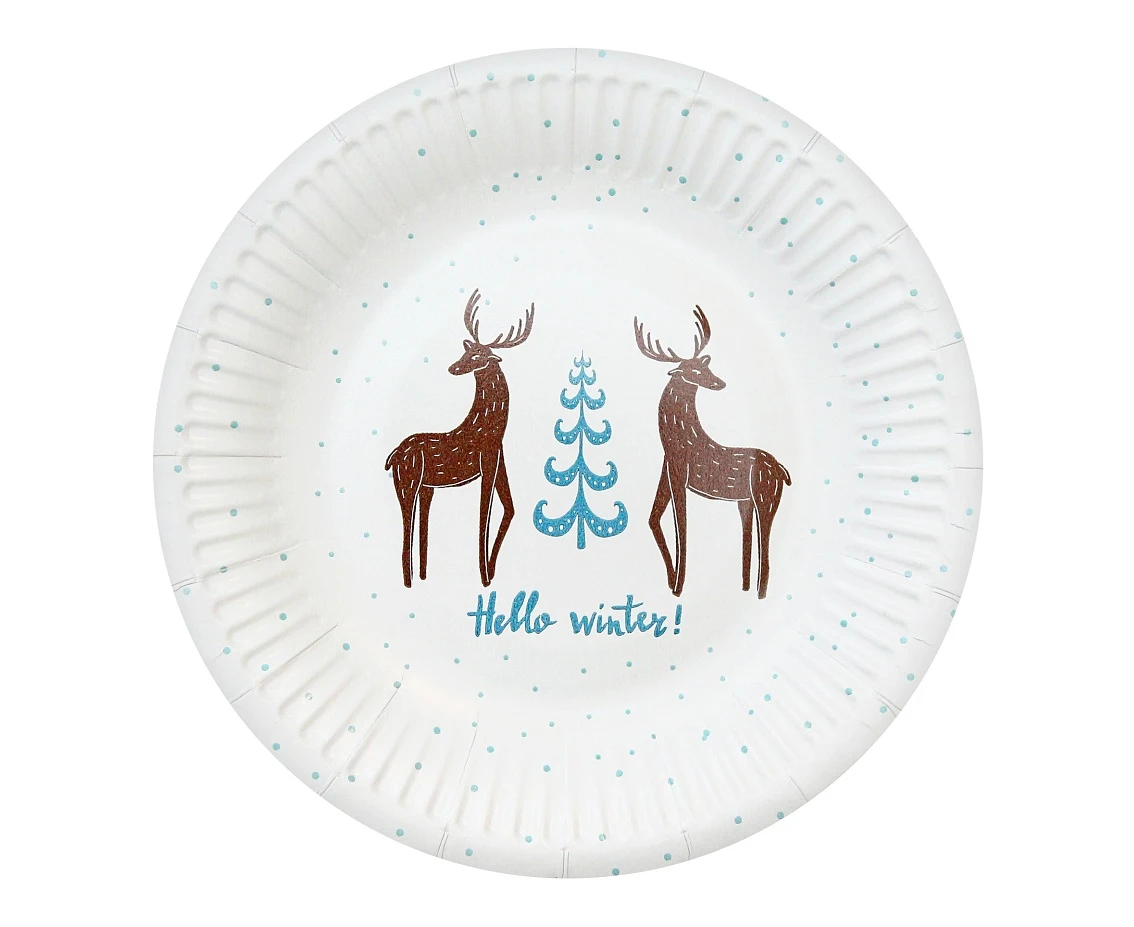 Talerzyki papierowe Hello Winter, białe, certyfikat FSC, 18 cm/ 6 szt. KK