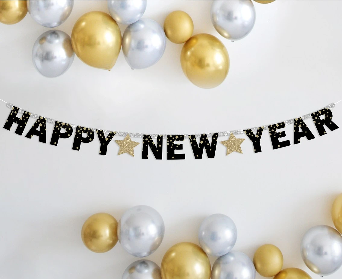 Girlanda papierowa B&C Happy New Year - Złote gwiazdki, 180 cm