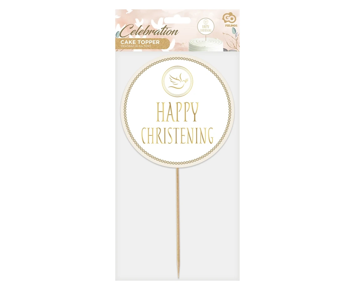 Dekoracja papierowa na tort Happy Christening - gołąbek, średnica 14 cm KK