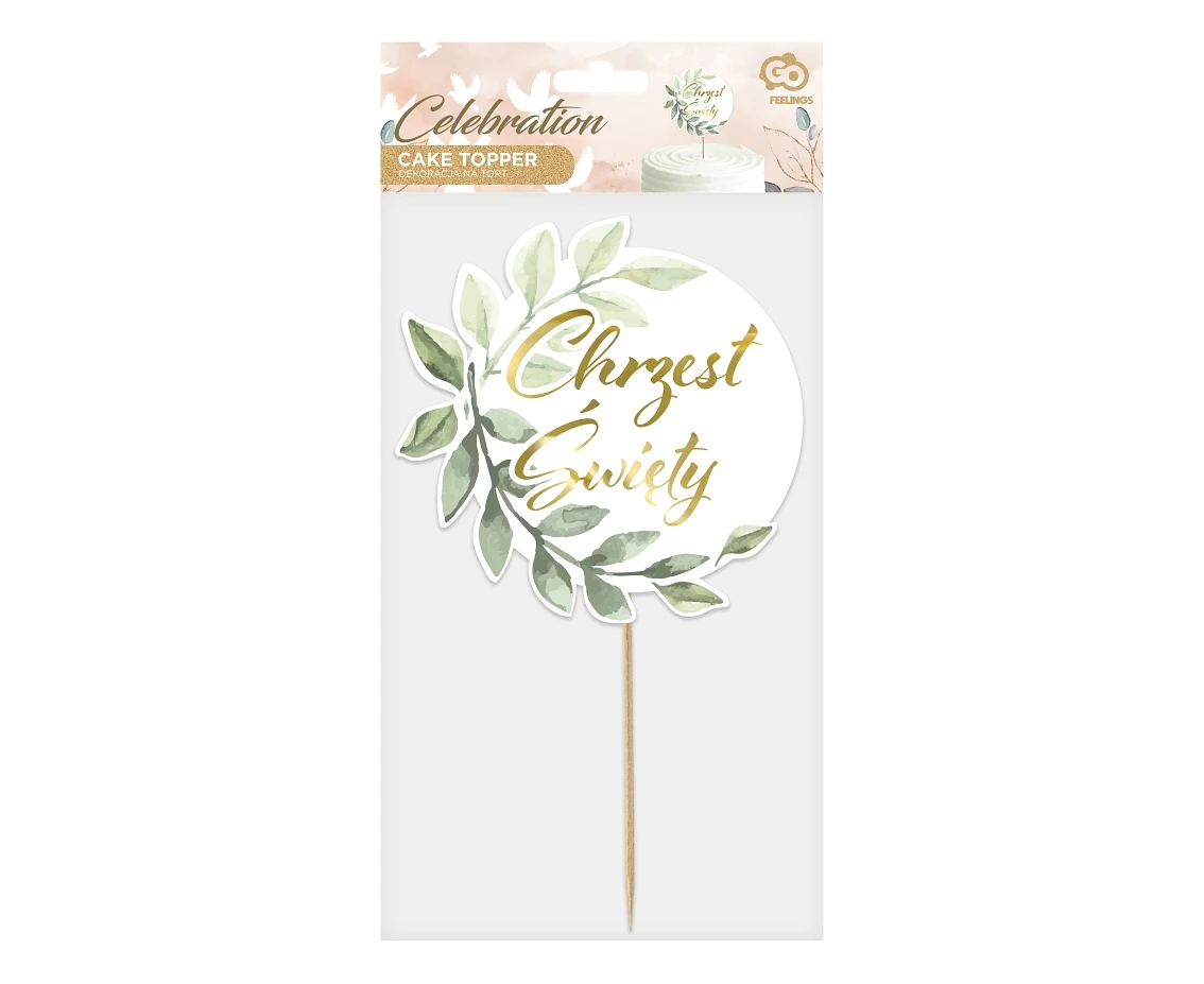 Dekoracja papierowa na tort Chrzest Święty, listki, średnica 14 cm