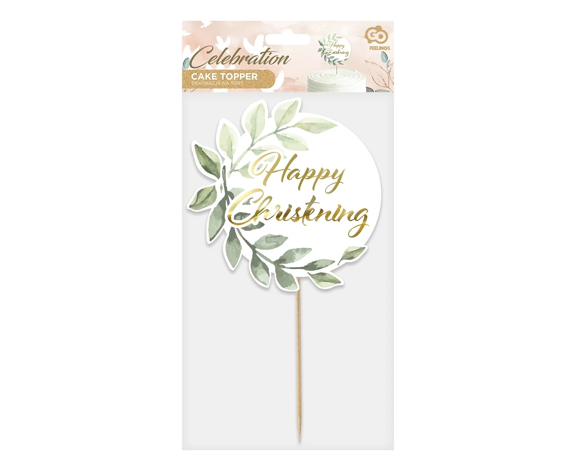 Dekoracja papierowa na tort Happy Christening, listki, średnica 14 cm KK