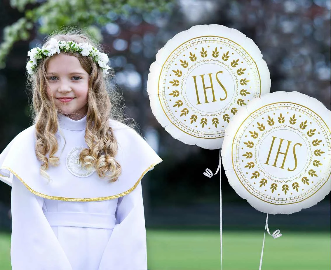 Balon foliowy Komunia Święta IHS, okrągły 18 cali AA KK