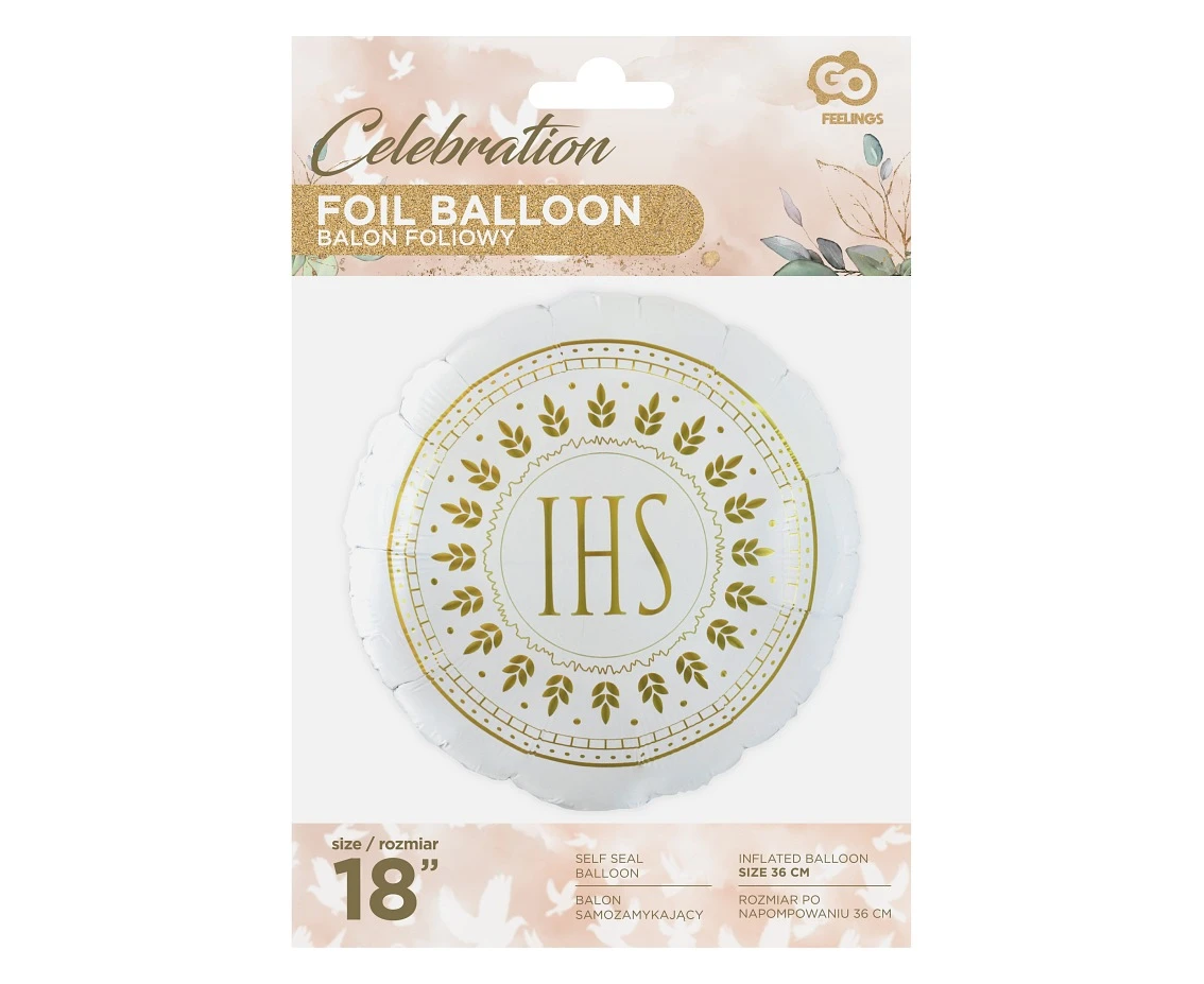 Balon foliowy Komunia Święta IHS, okrągły 18 cali AA KK