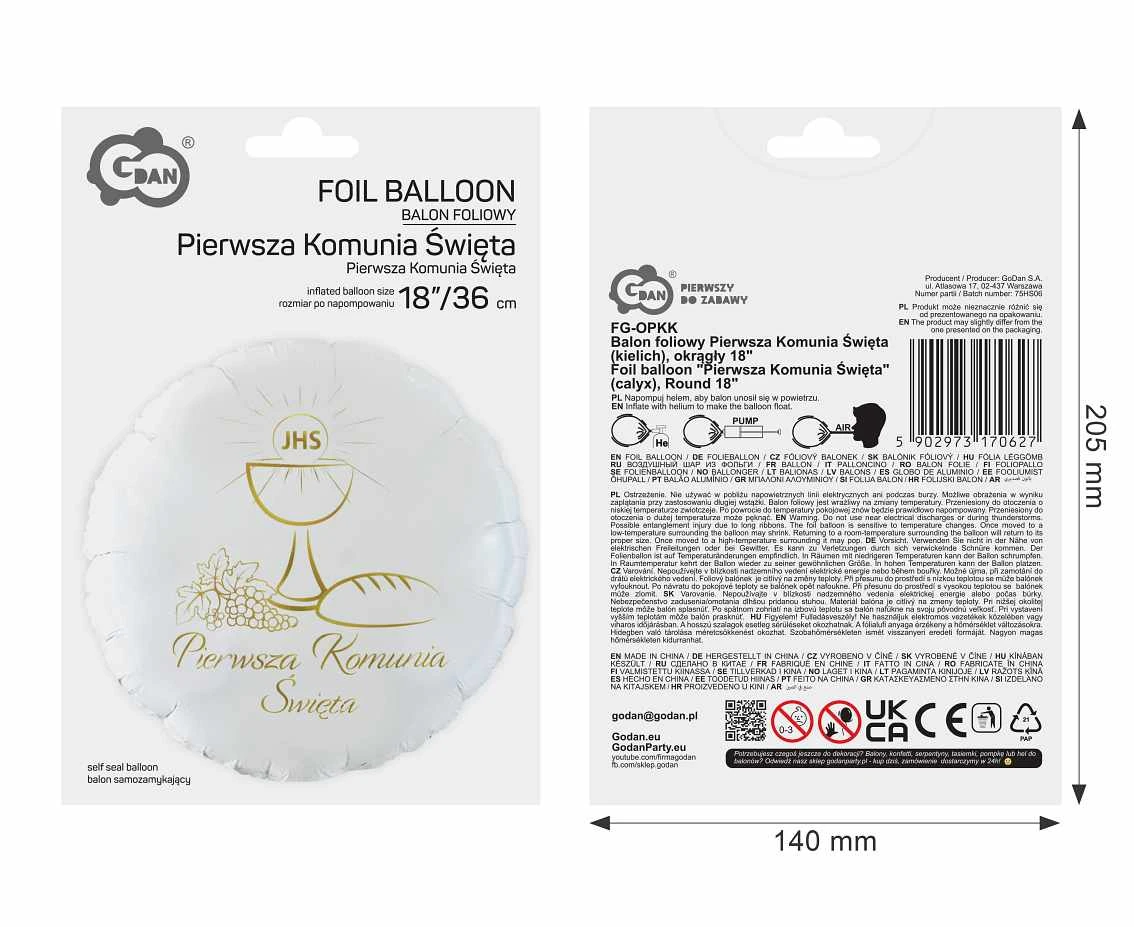 Balon foliowy Pierwsza Komunia Święta (kielich), okrągły 18" AA