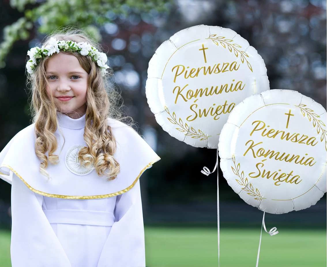 Balon foliowy Pierwsza Komunia Święta (kłosy), okrągły 18" KK